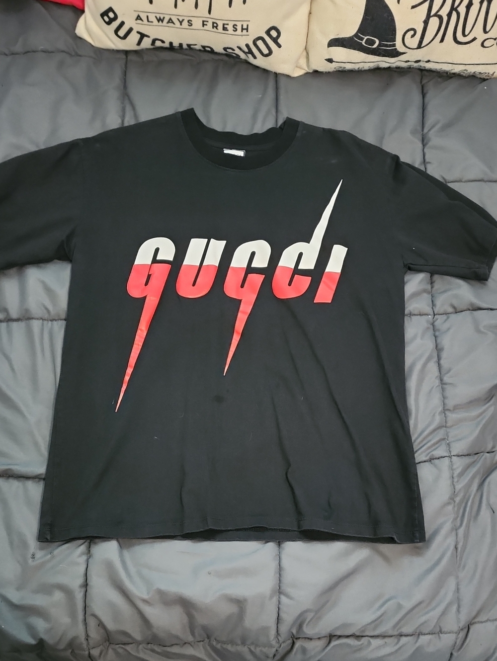 Gucci Black Short-Sleeve Tee with Red and White Lightning Blade Logo